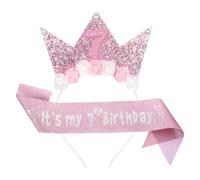 Teaaha Birthday Crown It's My Birthdays Sash 4/5/7th Birthday Decorations, 4/5/7 Year Old Pink Birthdays Sash and Tiara Outfit Glitter Flower Crown Headband for Party (Number 7)