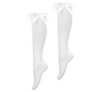 Teaaha White Knee High Socks with Bow, Women's Soft Solid Lace Thigh High Stocks Cotton Sock Lovely and Cute Lace Ruffle Bow Girls Princess Sock over the Knee Tube Socks Thigh Stockings