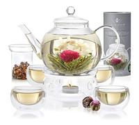 Teabloom Borosilicate Glass Tea Set: Heatproof Glass Teapot - Loose Tea Infuser - Tea Warmer - 4 Insulated Teacups - 12 Flowering Teas