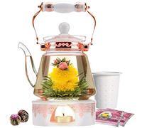 Teabloom Elegant Teapot Gift Set (6 Pieces) - Heatproof Glass Teapot (40oz/1200ml), Porcelain Lid, Tea Warmer, Porcelain Loose Tea Infuser, 2 Gourmet Rose Blooming Teas