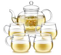 Teabloom Heatproof Glass Teapot Set with Removable Loose Tea Infuser (Standard Size: 32oz/946ml) and Four Borosilicate Glass Teacups (7oz/207ml) - Lead-Free Blossoms Glass Tea Set