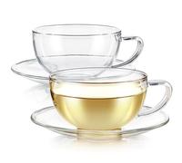 Teabloom Kyoto Teacup and Saucer Set 2-Pack - Standard Teacup Size - 6 OZ/ 180 ML Capacity - Crystal Clear Design -- Healthful Premium Borosilicate Glass - Heat Resistant, Microwave Safe