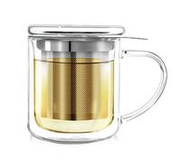 Teabloom Personal Tea Maker - Insulated Heatproof Glass Cup with Loose Tea Infuser and Lid/Coaster - Borosilicate Glass Infusion Mug (8 Oz)