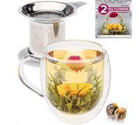 Teabloom Stay-Hot Heatproof Glass Mug with Loose Tea Infuser and Lid - 15 oz /430 mL - 2 Blooming Teas Included