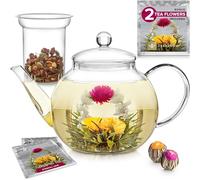 Teabloom Stovetop & Microwave Safe Glass Teapot (40 OZ / 1.2 L) with Removable Loose Tea Glass Infuser - Includes 2 Blooming Teas