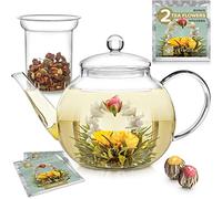 Teabloom Stovetop & Microwave Safe Glass Teapot with Removable Tea Infuser for Loose Tea - Includes 2 Blooming Teas - 1.2 L Tea Kettle and Tea Maker
