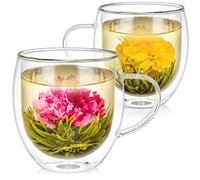 Teabloom Twin Harmony Double Wall Glass Cups & Blooming Tea Flowers (Set of 2 Cups + 2 Tea Balls) - 550ml Tumbler - Borosilicate Glass - 2 Gourmet Green Tea Flowers Included