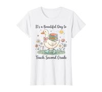 Teach Second Grade Goose Teacher Back to School Cute Value Graphic T-Shirt, Women, White, S