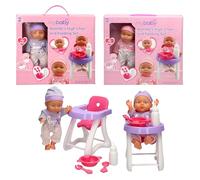 Teach Time MyBaby Matilda's High Chair and Feeding Set, Baby Doll with Striped Outfit, 23cm Chair with Accessories, Pink and Purple