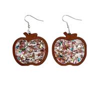 Teacher Apple Wooden Dangle Earrings Shinning Handmade Glitter Apple Acrylic Drop Earrings Wooden Apple Shape Teacher Earrings Back to School First Day of School Tearcher's Appreciation Gift, Wood, No