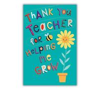 Teacher Appreciation Card, Thank You for Helping Me Grow Design, Turquoise with Sunflower