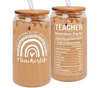 Teacher Appreciation Gifts for Women - Birthday, Valentines Day, Back To School, Thank You Gifts for Teachers Women - Preschool Daycare Teaching Glass Cup with Lid, Straw & Brush - 16 Oz Can Glass