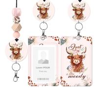 Teacher Badge Holder with Lanyard, Cute Highland Cow Flowers Funny ID Holder with Beaded Lanyard, Gifts for Teachers Students Office Workers