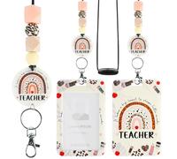 Teacher Badge Holder with Lanyard, Leopard Print Rainbow Inspirational Quote ID Holder with Beaded Lanyard, Gifts for Teachers