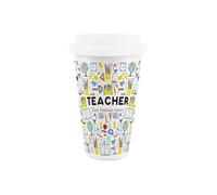 Teacher Ceramic Travel Mug - Novelty Thank You Appreciation Gift - Reusable Silicone Lid Double-Walled Insulated Hot/Cold Drinks Cup Present