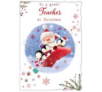 Teacher Christmas Card - Santa & Penguins on Sleigh with Red Foil 7.5 x 5.5"