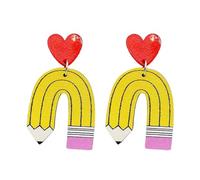 Teacher Dangle Earrings Back to School Students Earrings Colorful Pencil Apple Book Rainbow Earrings for Women Teachers Graduation Back to School Jewelry, L, WOODEN, No Gemstone