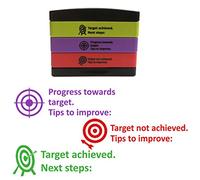 Teacher Feedback 3-in-1 Layer Stamp: Progress Towards Target/Tips to Improve:, Target not Achieved/Tips to Improve, Target Achieved, Next Steps: - Reinkable, Self-Inking Stamper