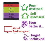 Teacher Feedback 5-in-1 Layer Stamp: Verbal Feedback Given, Self assessed, Peer assessed, Even Better if, Target Achieved. Self-Inking. Reinkable.