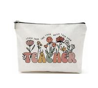 Teacher Floral Canvas Toiletry Bag with Zipper Closure for Makeup & Stationery Storage - Botanical Style Cosmetic Pencil Case Travel Organiser Pouch for Women & Girls Gift