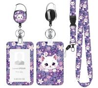 Teacher Lanyard with ID Badge Holder and Retractable Badge Reel, Cute White Cat with Purple Floral Design ID Holder Set, Gift for Women Teachers Nurses or Office Coworkers