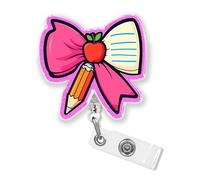 Teacher Pencil Bow Retractable Badge Reel with Alligator Clip 2 Inches Teacher Life Appreciation Aesthetic Back to School Acrylic Material ID Name Badge Holder Reels Accessories for Teachers Educator