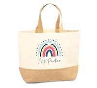Teacher Personalised Tote Bag Custom Name Rainbow Print Gift For Teacher Teaching Assistant Nursery School Staff Appreciation Gift End Of Year Present Canvas Jute Bag