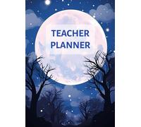 Teacher Planner - Full Moon Over Trees Starry Night: simple clipart, treetop view, full moon, stars, cloudy night, navy blue background, pink highlights, 2d illustration, professional