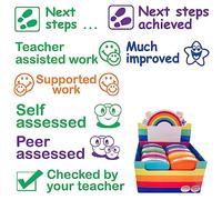 Teacher Stamp Set: Next Steps, Teacher Assisted Work, Supported Work, Self assessed, Peer assessed, Checked by Teacher, Much Improved. Self-Inking Stampers, Reinkable