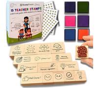 Teacher Stamps - 15 Beech Wood Rubber Stamp Set for Motivation with 6 Ink Pads,Reward Stickers,Ebook - Classroom Essentials for Teachers, Cute Teacher Supplies, Best Teacher Gifts, Teacher Stationery