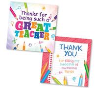 Teacher Thank You Cards Multipack of 2. Each Greeting Cards Pack Includes 2 Crayon Designs. 150x150mm. Blank Inside. Envelopes Included. Made in UK.