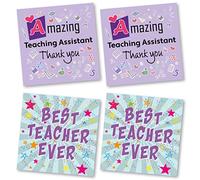 Teacher Thank You Cards Multipack of 4. Each Greeting Cards Pack Includes 2 Teacher/Teaching Assistant Designs. 115 x 115mm. Blank Inside. Envelopes Included. Made in UK.