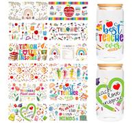 Teacher UV DTF Cup Stickers, 12 Sheets Boho Rainbow Style, Classroom, Book, Pencil Design Transfer Sticker, Rub On Transfers for 16oz Glass, Back to School Gifts