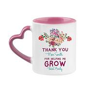 Teachers Gift - Personalised Thank You for Helping Me Grow Birthday Gift End of Term Thanks-Giving Coffee Tea Mug Heart Handle Ceramic Mug. (Pink Heart Handle Mug)