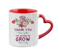 Teachers Gift - Personalised Thank You for Helping Me Grow Birthday Gift End of Term Thanks-Giving Coffee Tea Mug Heart Handle Ceramic Mug. (Red Heart Handle Mug)