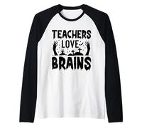 Teachers Love Brains Halloween Zombie Humor Raglan Baseball Tee