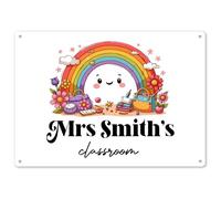 Teachers Personalised Metal Sign Custom Teacher Name Rainbow Wall Plaque End of Term Gift Tutor Educator Present, Large, White