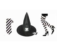 Teachers World Book Day Worst Witch Black Hat, Striped Tights Tie & Badge/Sticker Set (Medium)