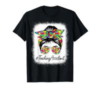Teaching Assistant Messy Bun Women Autism Awareness Month T-Shirt