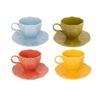 Teacup & Saucer Set of 4 Colourful Ceramic Teacups with Matching Petal-Shaped Saucers - Textured Leaf Design in Blue, Green, Red & Yellow Pastels - Tea Cup Set for Home Afternoon Tea Gift Mugs