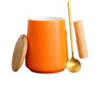 Teacup with wooden handle, 450 ml ceramic mug with lid and spoon, mug with office/home mug, delicate mug, suitable as a gift for friends,Orange