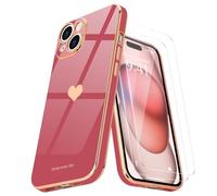 Teageo for iPhone 15 Plus Case with 2 Screen Protector Heart Pattern for Women Girls Luxury Bling Plating Soft TPU Anti-Scratch Shockproof Bumper Phone Case for iPhone 15 Plus, Bright Blush