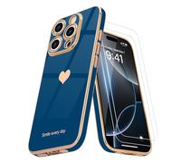 Teageo for iPhone 16 Pro Max Case with 2 Screen Protector Heart Pattern for Women Girls Luxury Bling Plating Soft TPU Anti-Scratch Shockproof Bumper Phone Case for iPhone 16 Pro Max, Royal Blue
