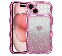 Teageo Glitter Case for iPhone 14/13, Women Girly Cute Bling Sparkle Rhinestone Diamonds Shiny Lovely Heart Shockproof Protective Phone Cover for iPhone 14/13, Rose Red