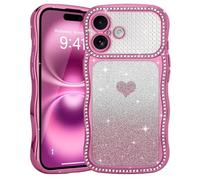 Teageo Glitter Case for iPhone 16 Plus, Women Girly Cute Bling Sparkle Rhinestone Diamonds Shiny Lovely Heart Shockproof Protective Phone Cover for iPhone 16 Plus, Rose Red