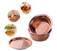 TEAHAHA 3Pcs Stainless Steel Vegetable Slicer Set, Fruit Potato Peeler Carrot Grater Strainer Utensil ,Round Rice Washer Bowl Drain Basket (Rose Gold)