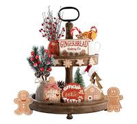 Teahutty 12PCS Christmas Decoration for Tiered Tray, Wooden Sign Xmas Tabletop Farmhouse Coffee Signs Rustic Tiered Tray Winter Gingerbread Decor for Xmas Winter Home Office