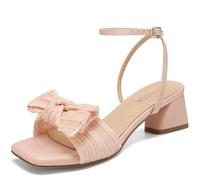 TEAIEUI Women's Bow Knot Heeled Sandals Open Square Toe Wedding Heels for Bride Chunky Block Low Heels Ankle Strap Dress Shoes for Party, Nude, 4 UK