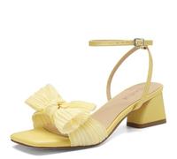 TEAIEUI Women's Bow Knot Heeled Sandals Open Square Toe Wedding Heels for Bride Chunky Block Low Heels Ankle Strap Dress Shoes for Party, Yellow, 5 UK