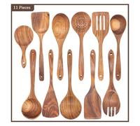 Teak Natural Wood Tableware Spoon Ladle Turner Long Rice Colander Soup Skimmer Cooking Spoons Scoop Kitchen Tool Set(Red)